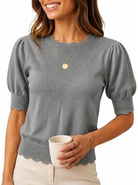 Women's Grey Short Sleeve Imported Pull On Casual Crew Neck Sweater